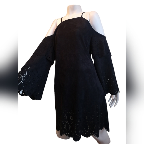 NEW Bell Sleeve Suede Dress with Laser Cutout Details - Picture 6 of 12
